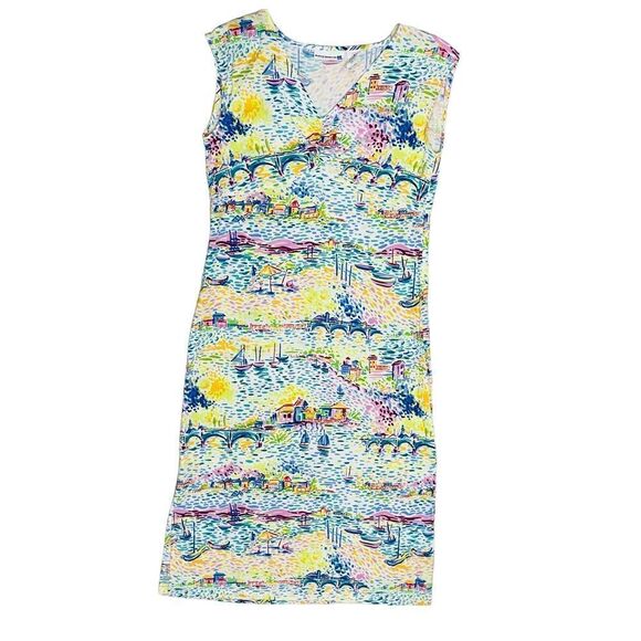 SOLD Weekend Clothes Line Multicolor Beach Theme Side Zip Slit Dress Sz M - Picture 2 of 11